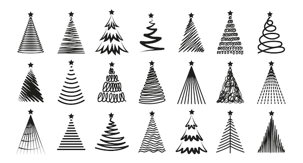 Varias siluetas de árboles de Navidad dibujadas a mano con abetos y pinos con estrellas