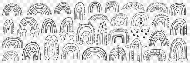 Varias siluetas de arco iris doodle conjunto. Colección de arco iris dibujados a mano a escondidas con nubes y lluvia debajo aislado.