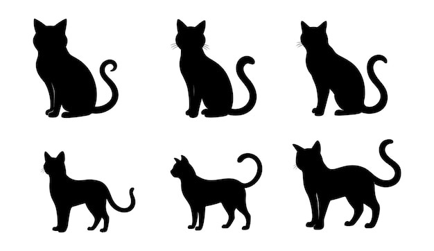 Varias siluetas de gatos negros en diferentes poses en un fondo blanco de arte vectorial