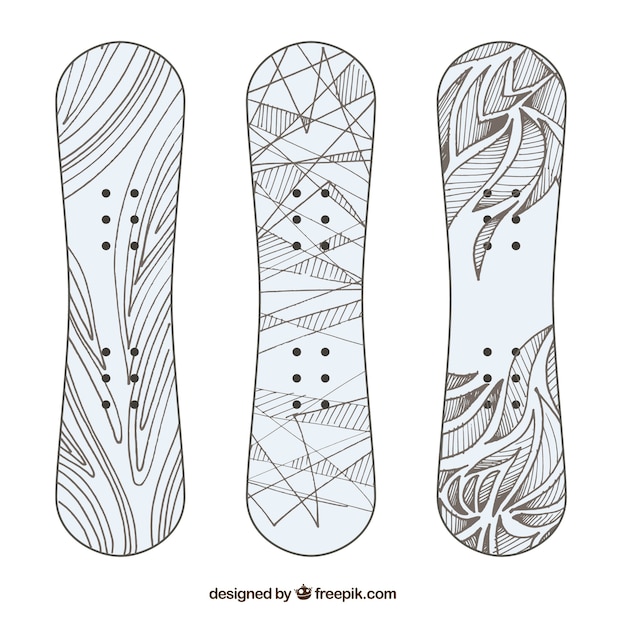 Varias snowboards abstractas dibujadas a mano 