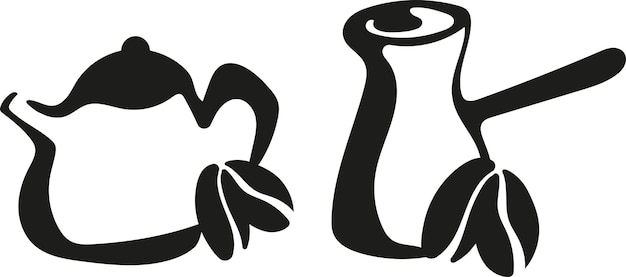 varias teteras y tazas de café con granos de café a su lado dibujados con un contorno inusual
