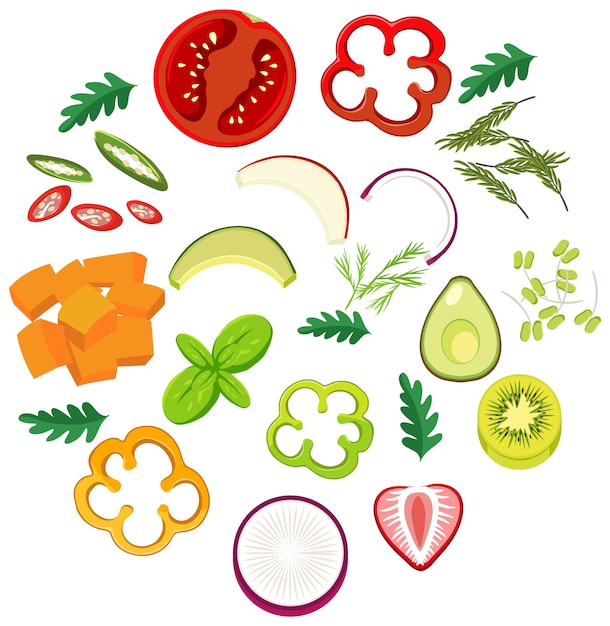 Vector varias verduras y frutas sobre fondo blanco.