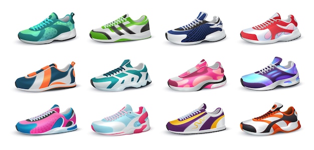 Varias zapatillas de deporte realistas Calzado colorido Colección de calzado deportivo moderno para fitness y jogging y uso diario Plantilla de logotipo de publicidad de la tienda Conjunto de ropa informal vectorial