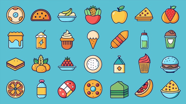 una variedad de alimentos y bebidas se muestran en un fondo azul