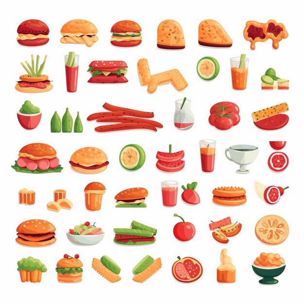 una variedad de alimentos, incluidas verduras y frutas para perritos calientes
