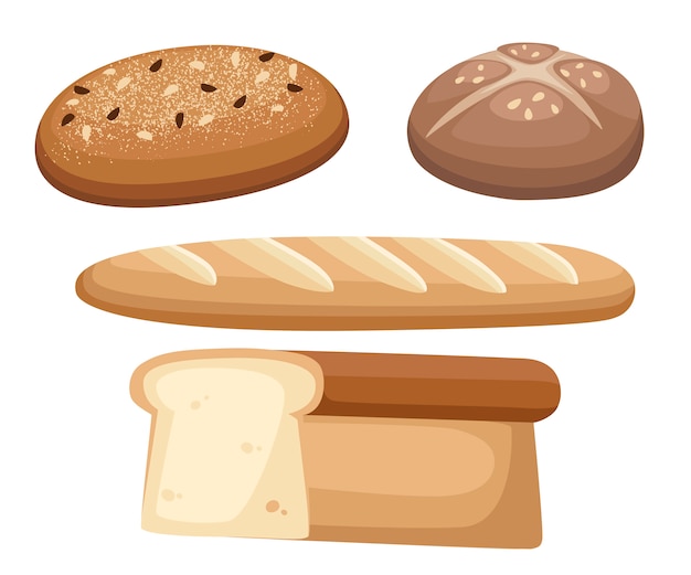 Variedad de alimentos de pan. Establecer producto de pan. Pan de ladrillo, bastón o baguette, tostadas. Ilustración de panadería plana aislada sobre fondo blanco.