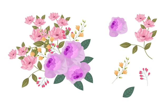Una variedad de arreglos coloridos de hermosas hojas y flores