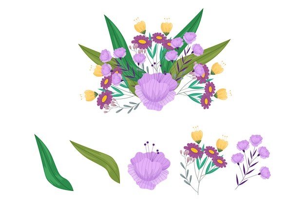 Una variedad de arreglos coloridos de hermosas hojas y flores