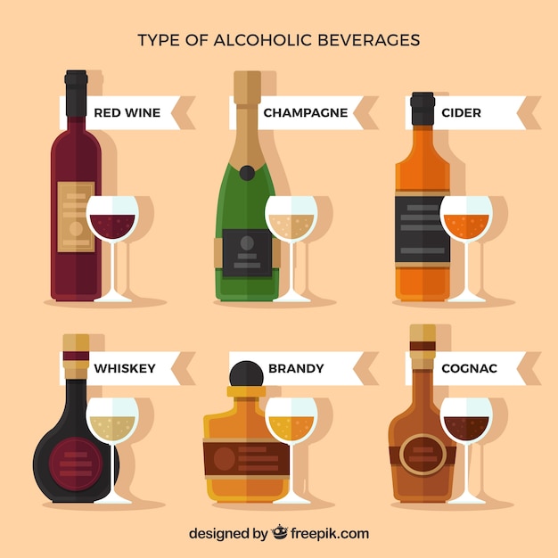 Vector variedad de bebidas alcoholicas en diseño plano con copas de vino