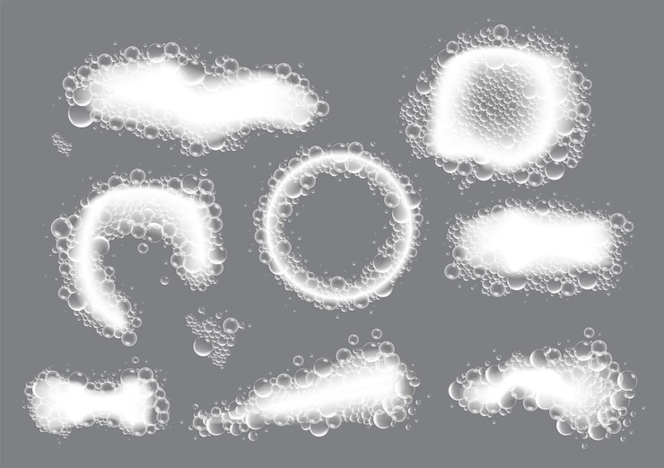 Vector una variedad de burbujas, cada una con diseños únicos, flotan con gracia en una simple superficie gris