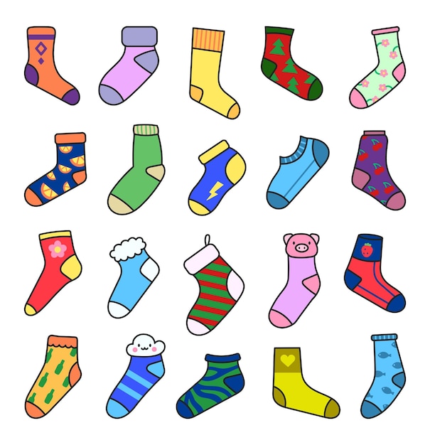 Variedad de calcetines diferentes texturas ropa de moda de moda estilo dibujado a mano dibujo vectorial