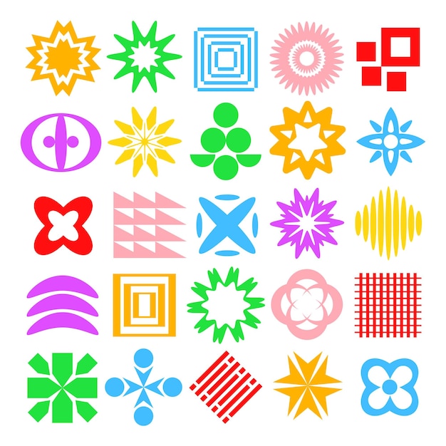 Una variedad colorida de formas vectoriales abstractas y diseños geométricos y2k