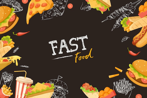 Variedad de comida rápida en fondo negro con texto en la ilustración vectorial del centro