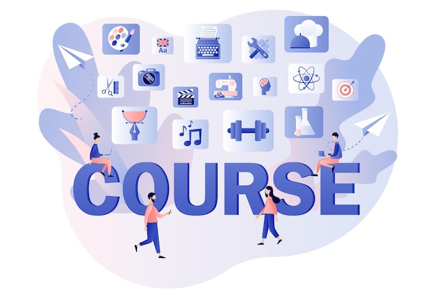 Variedad de cursos en línea Educación a distancia Concepto de aprendizaje electrónico Las personas pequeñas aprenden a ver seminarios web