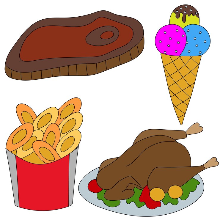 Vector variedad de deliciosas comidas bife helado patatas fritas y pollo frito