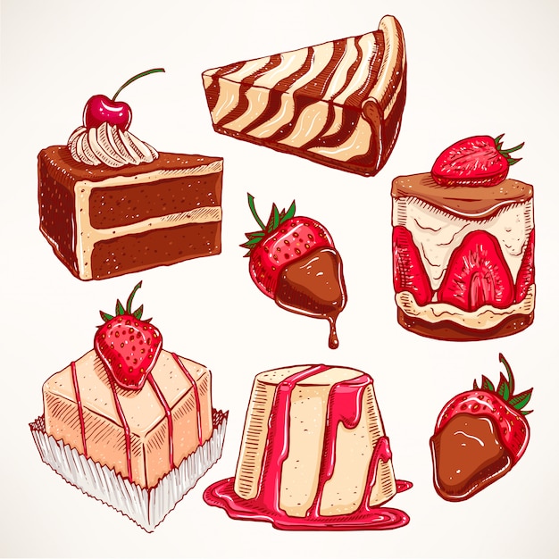 Con una variedad de deliciosos postres apetitosos. ilustración dibujada a mano