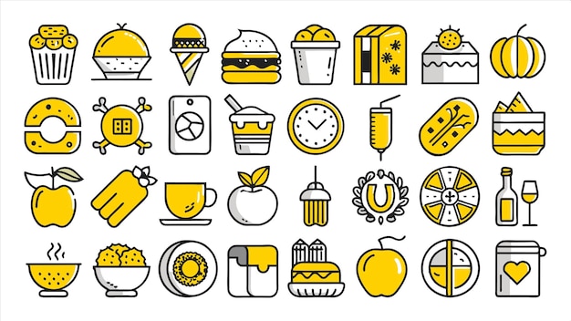 una variedad de diferentes iconos incluyendo una variedad de cosas incluyendo comida y bebidas