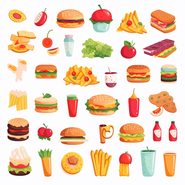 una variedad de diferentes tipos de alimentos, incluida una hamburguesa, queso y verduras