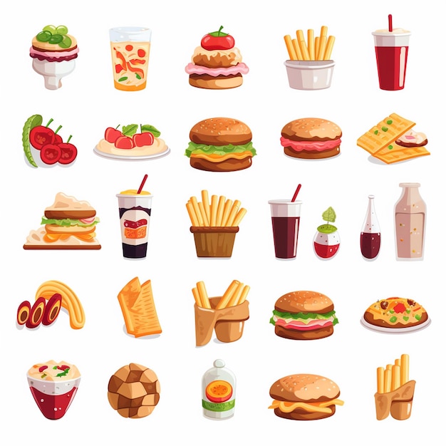 una variedad de diferentes tipos de alimentos, incluyendo un perrito caliente de hamburguesa y ensalada