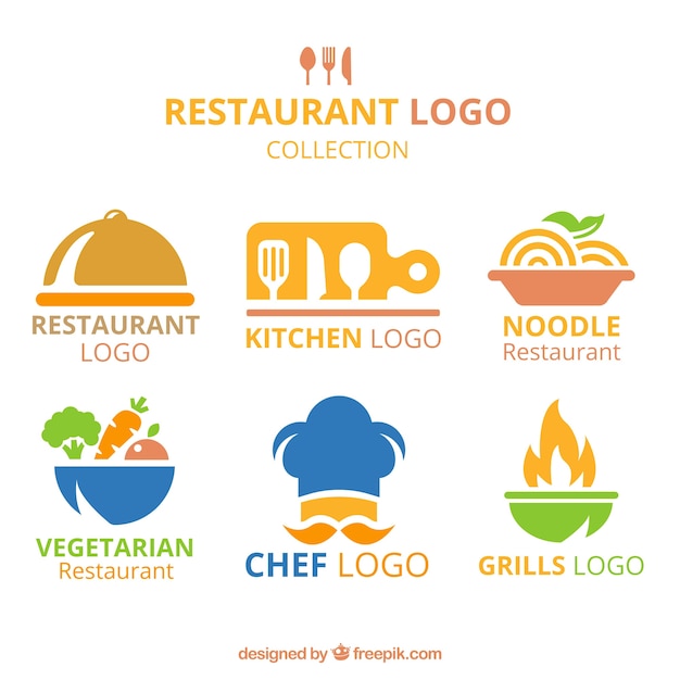 Vector variedad con diseño plano de logos coloridos de restaurante