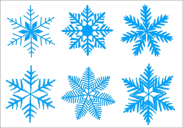 Una variedad de diseños de copos de nieve azules mostrados en un fondo blanco limpio que muestran patrones y formas distintas Ilustración vectorial