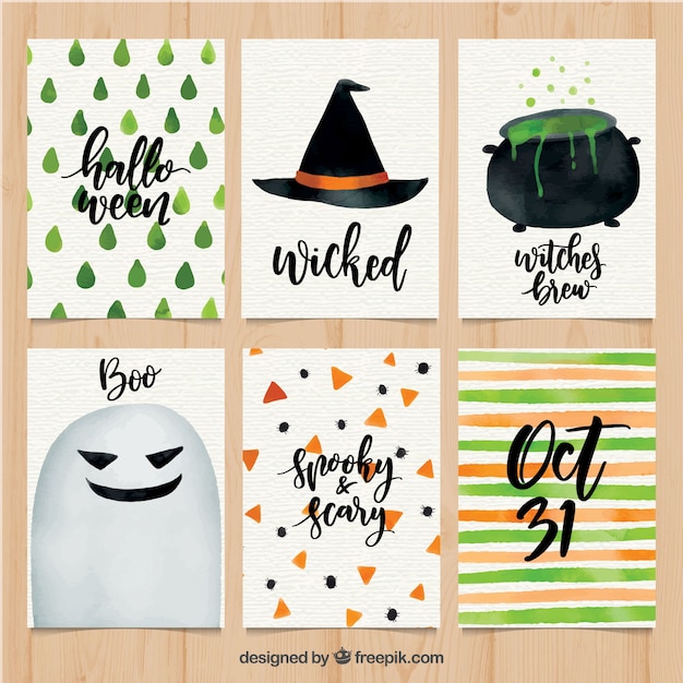 Variedad divertida de tarjetas de halloween en acuarela