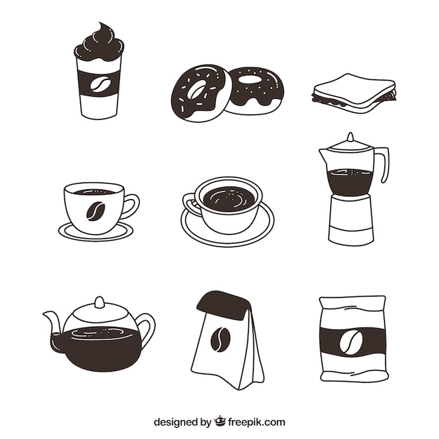 Variedad de elementos de cafetería dibujados a mano