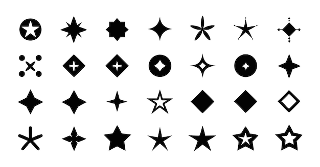 Variedad de formas de estrellas negras siluetas e íconos de estrellas abstractas Colección sobre fondo blanco