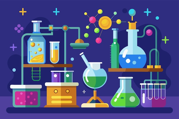 Una variedad de frascos mostrados sobre un fondo púrpura en un entorno de laboratorio de química Ilustra el concepto de tokenización en los ecosistemas de blockchain