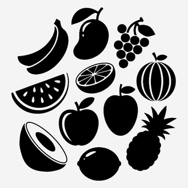 Una variedad de frutas de silueta negra y blanca