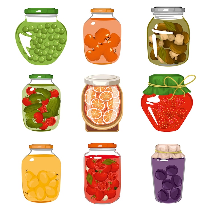 Vector una variedad de frutas y verduras en conserva en frascos de vidrio
