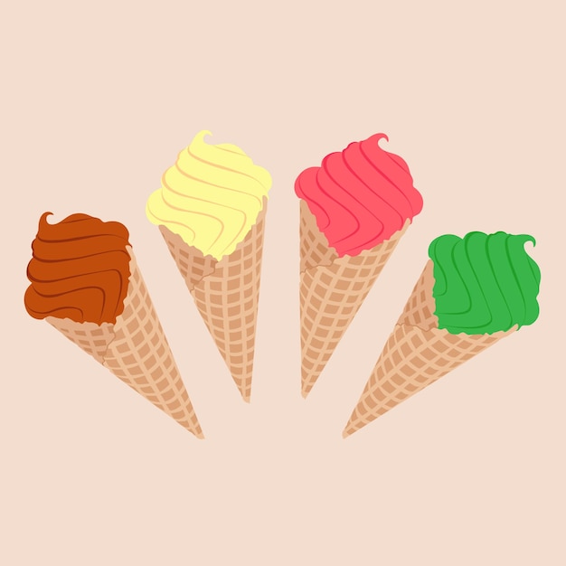 Variedad de helado en cono de oblea, chocolate, pistacho, vainilla y fresa