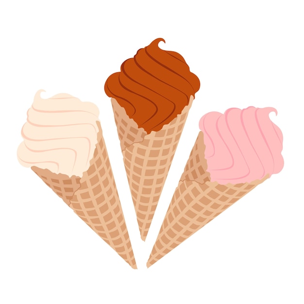 Variedad de helado en cono de oblea, chocolate, vainilla y fresa