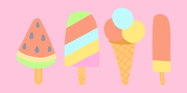 Una variedad de helados de diseño plano, helados de fondo rosa pastel, rebanadas de sandía, hielo a rayas de colores.