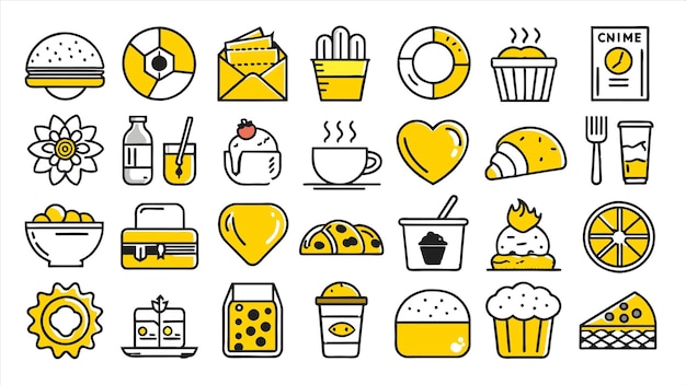 una variedad de iconos diferentes, incluida una variedad de cosas, incluido un cupcake, café y pastel