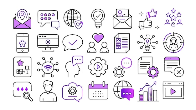 una variedad de iconos, incluido un mundo azul y púrpura