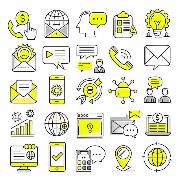 una variedad de iconos de negocios, incluido uno que dice bienvenido