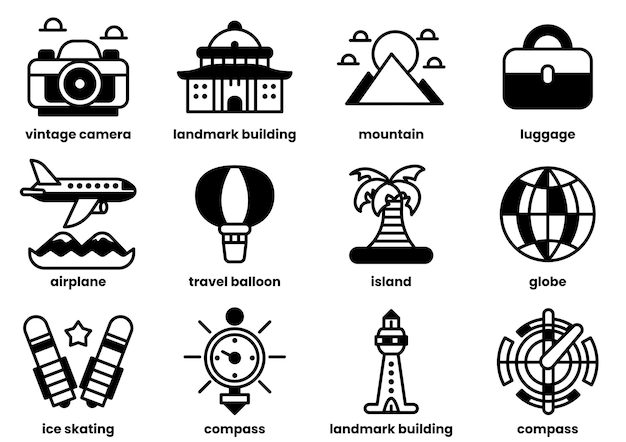 Una variedad de iconos relacionados con los viajes, incluidos aviones, maletas y puntos de referencia