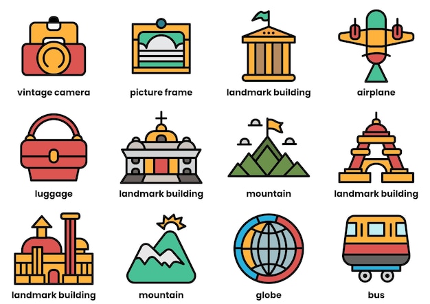 Una variedad de iconos relacionados con los viajes, incluidos aviones, maletas y puntos de referencia