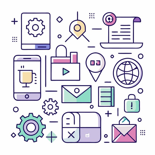 Una variedad de iconos para tecnologías digitales, incluido el sobre del mundo del teléfono de engranajes y el bloqueo contra un fondo blanco