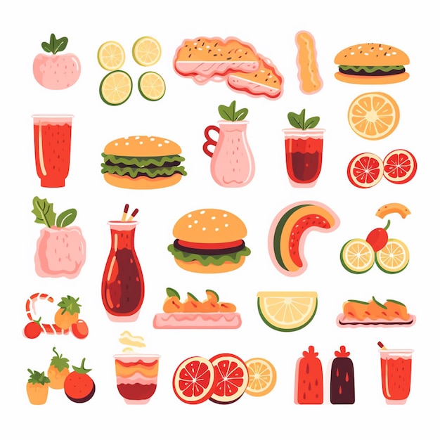 una variedad de imágenes diferentes, incluida una hamburguesa limonada limón limón y limonada