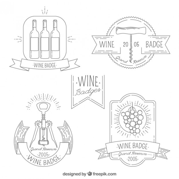Variedad de insignias de vino dibujadas a mano