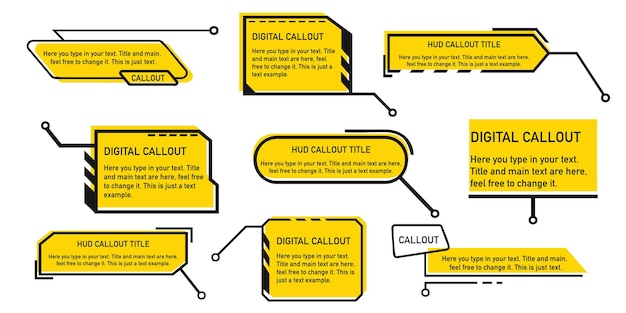Una variedad de llamadas digitales en blanco y negro con diseños de estilo HUD Etiquetas para enfatizar el texto