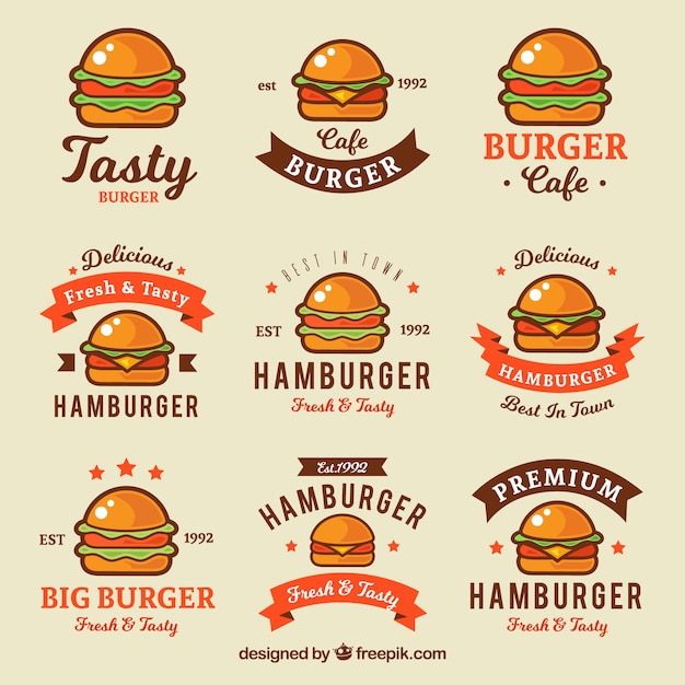 Variedad de logos planos con hamburguesas de color