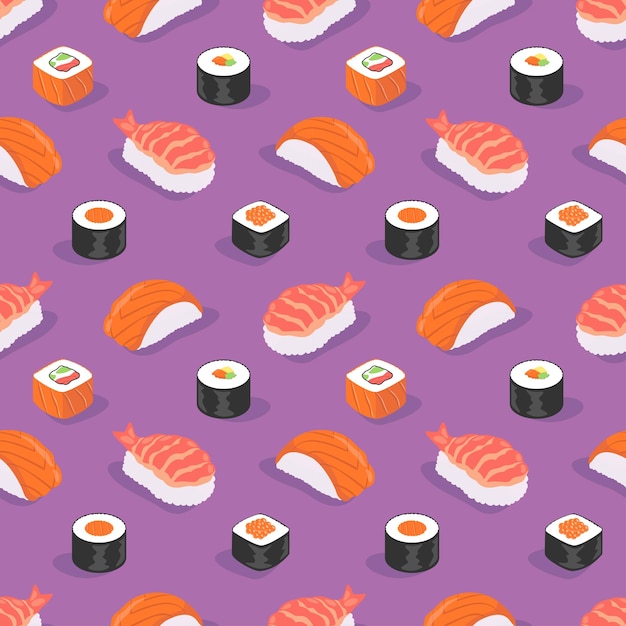 VARIEDAD DE PATRÓN INCONSÚTIL DE SUSHI JAPONÉS PLANO EN FONDO PÚRPURA