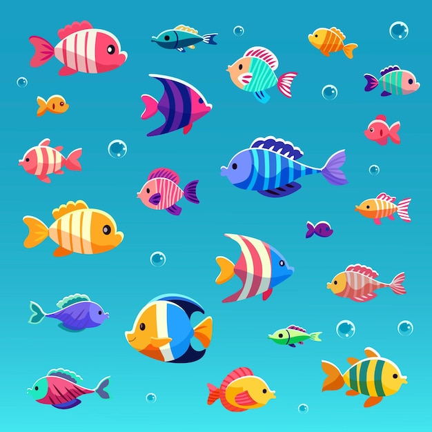 Una variedad de peces tropicales coloridos nadando con burbujas en un fondo azul Ilustración vectorial