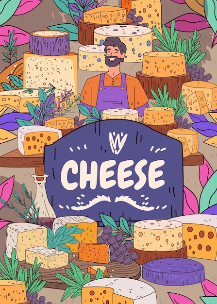 La variedad de queso muestra quesos coloridos hierbas sonrientes vendedor fondo vibrante hojas de naranja púrpura