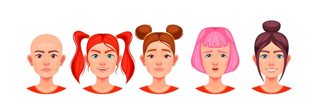 Variedad de rostros femeninos con diversos peinados y expresiones Conjunto vectorial de dibujos animados