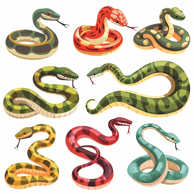 variedad de serpientes de dibujos animados de varios colores patrones enrollados posiciones deslizantes de colores brillantes