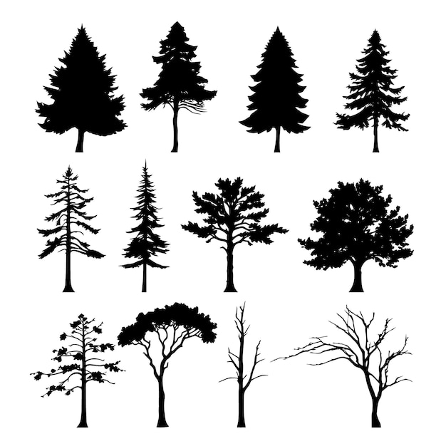 Una variedad de siluetas de árboles para proyectos de diseño y temática natural
